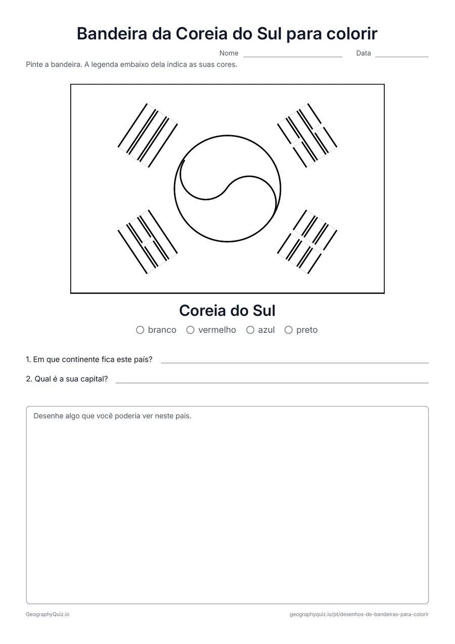 Prévia da atividade para imprimir: Bandeira da Coreia do Sul para colorir: A bandeira da Coreia do Sul desenhada em tamanho grande e nas proporções reais, com uma legenda de cores e duas perguntas