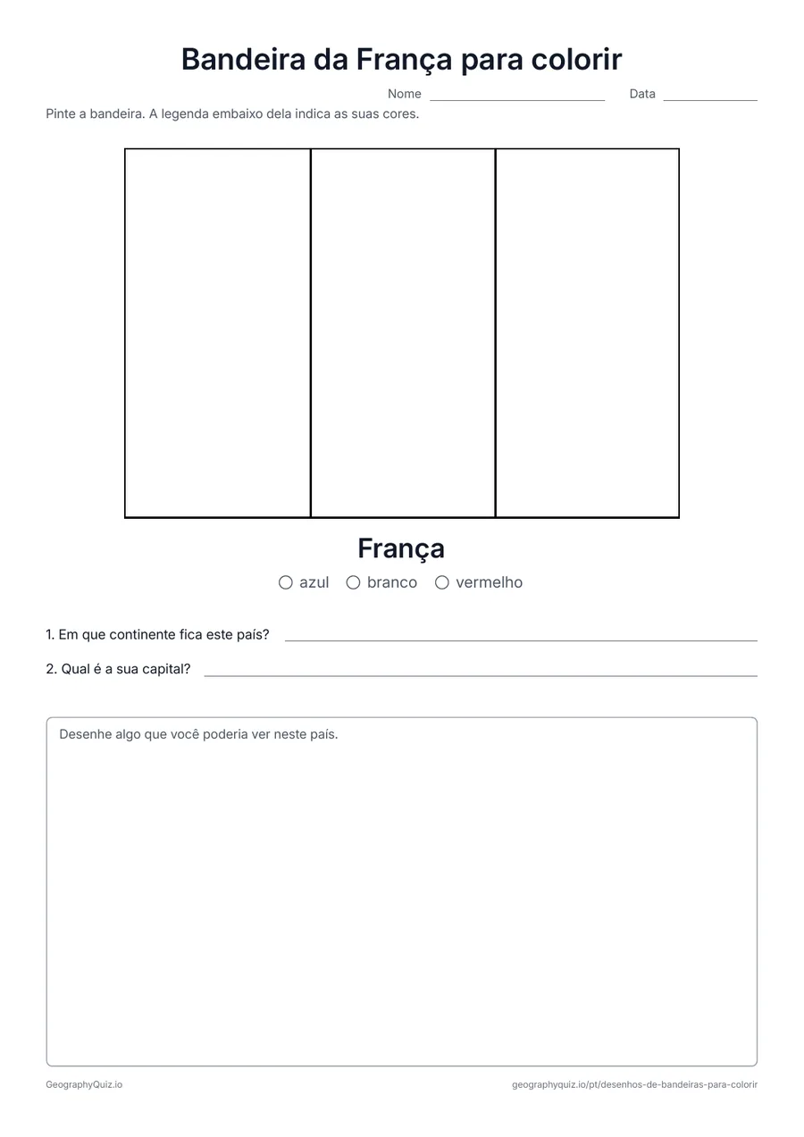 Prévia da atividade para imprimir: Bandeira da França para colorir: A bandeira da França desenhada em tamanho grande e nas proporções reais, com uma legenda de cores e duas perguntas