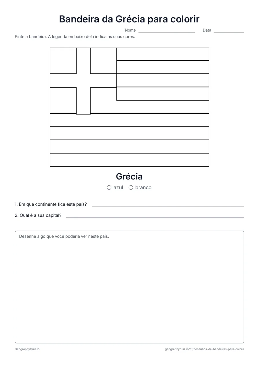 Prévia da atividade para imprimir: Bandeira da Grécia para colorir: A bandeira da Grécia desenhada em tamanho grande e nas proporções reais, com uma legenda de cores e duas perguntas