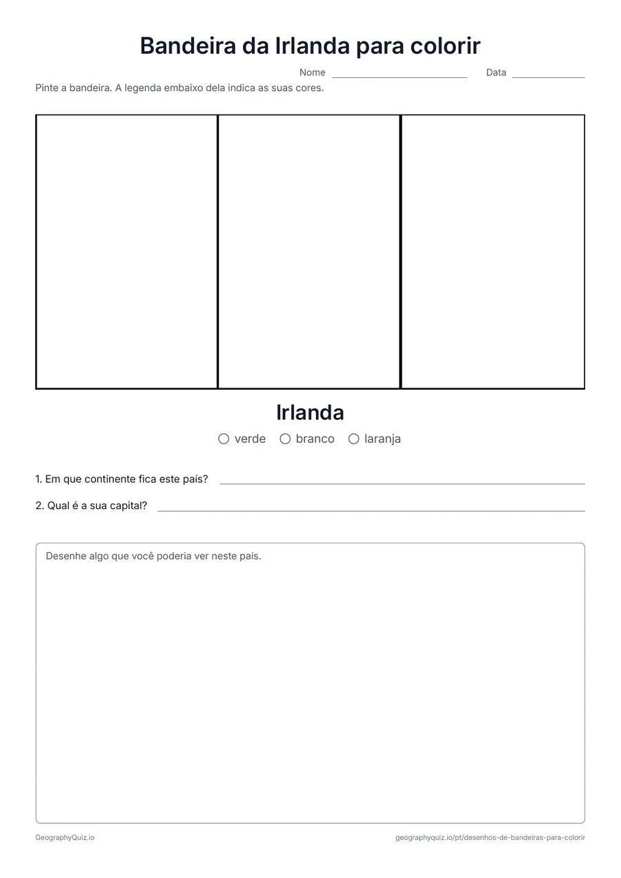 Prévia da atividade para imprimir: Bandeira da Irlanda para colorir: A bandeira tricolor verde, branca e laranja da Irlanda: uma bandeira simples para os menores