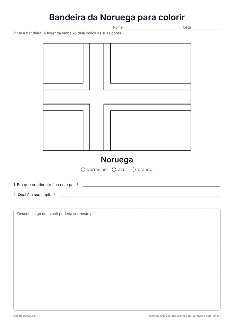 Prévia da atividade para imprimir: Bandeira da Noruega para colorir: A bandeira vermelha da Noruega com a cruz azul e branca, com uma legenda de cores e duas perguntas