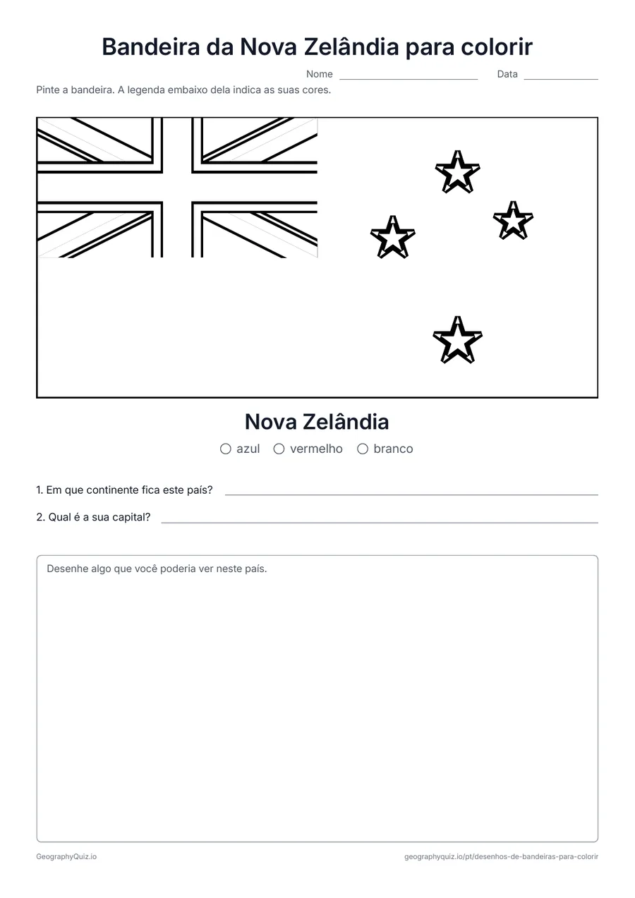 Prévia da atividade para imprimir: Bandeira da Nova Zelândia para colorir: A bandeira da Nova Zelândia com a Union Jack e as quatro estrelas vermelhas do Cruzeiro do Sul, com uma legenda de cores e duas perguntas