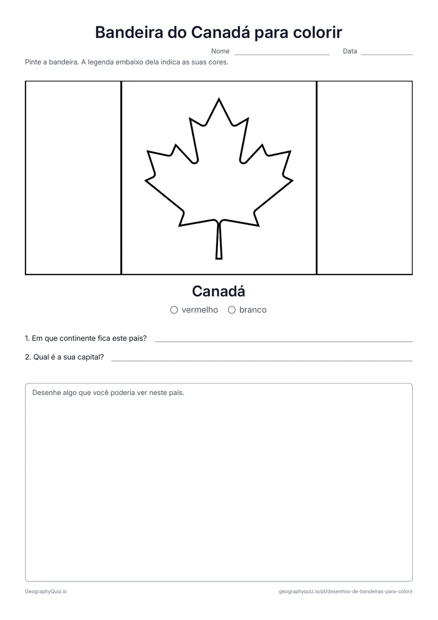 Prévia da atividade para imprimir: Bandeira do Canadá para colorir: A bandeira do Canadá desenhada em tamanho grande e nas proporções reais, com uma legenda de cores e duas perguntas