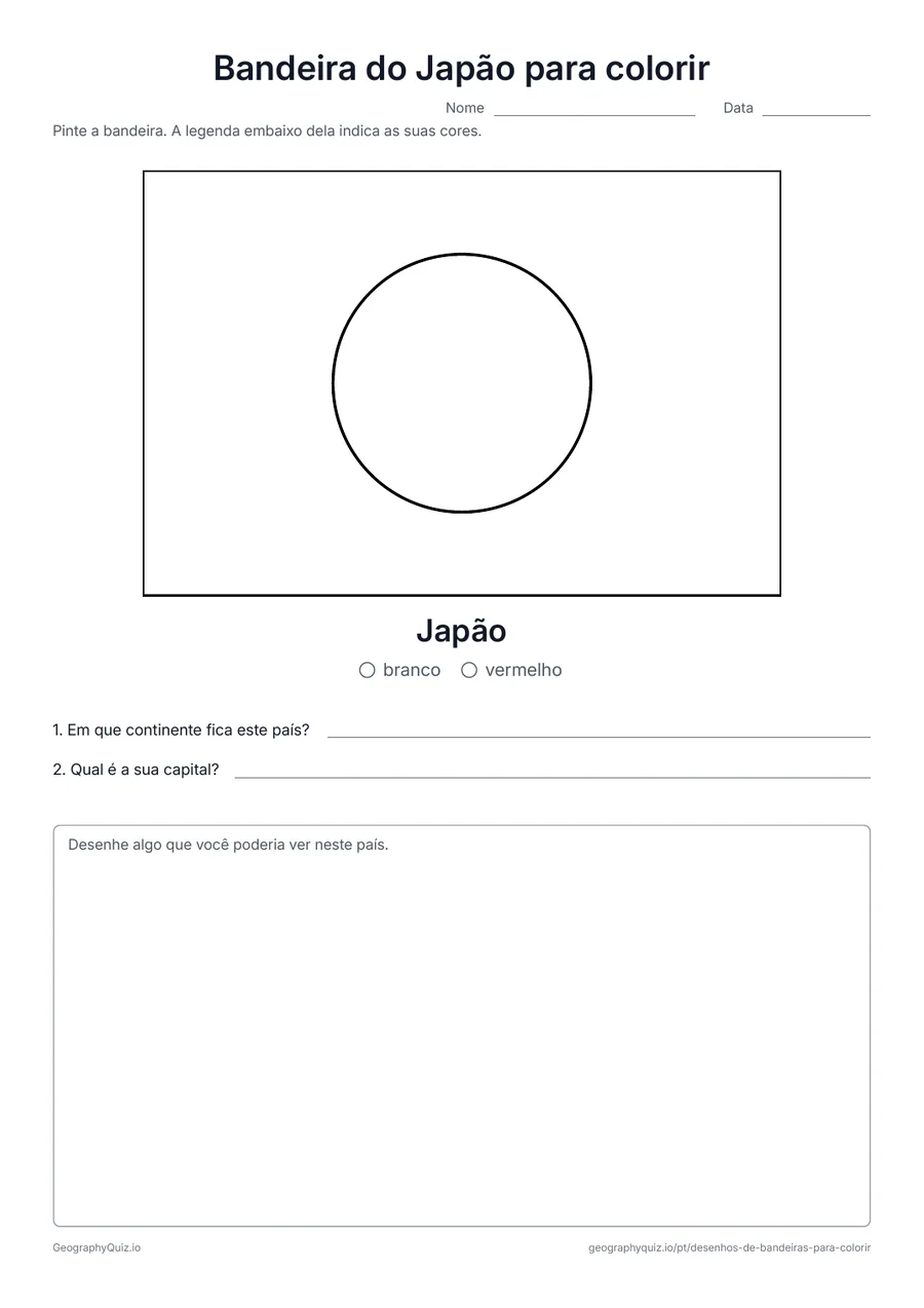 Prévia da atividade para imprimir: Bandeira do Japão para colorir: A bandeira do Japão desenhada em tamanho grande e nas proporções reais, com uma legenda de cores e duas perguntas