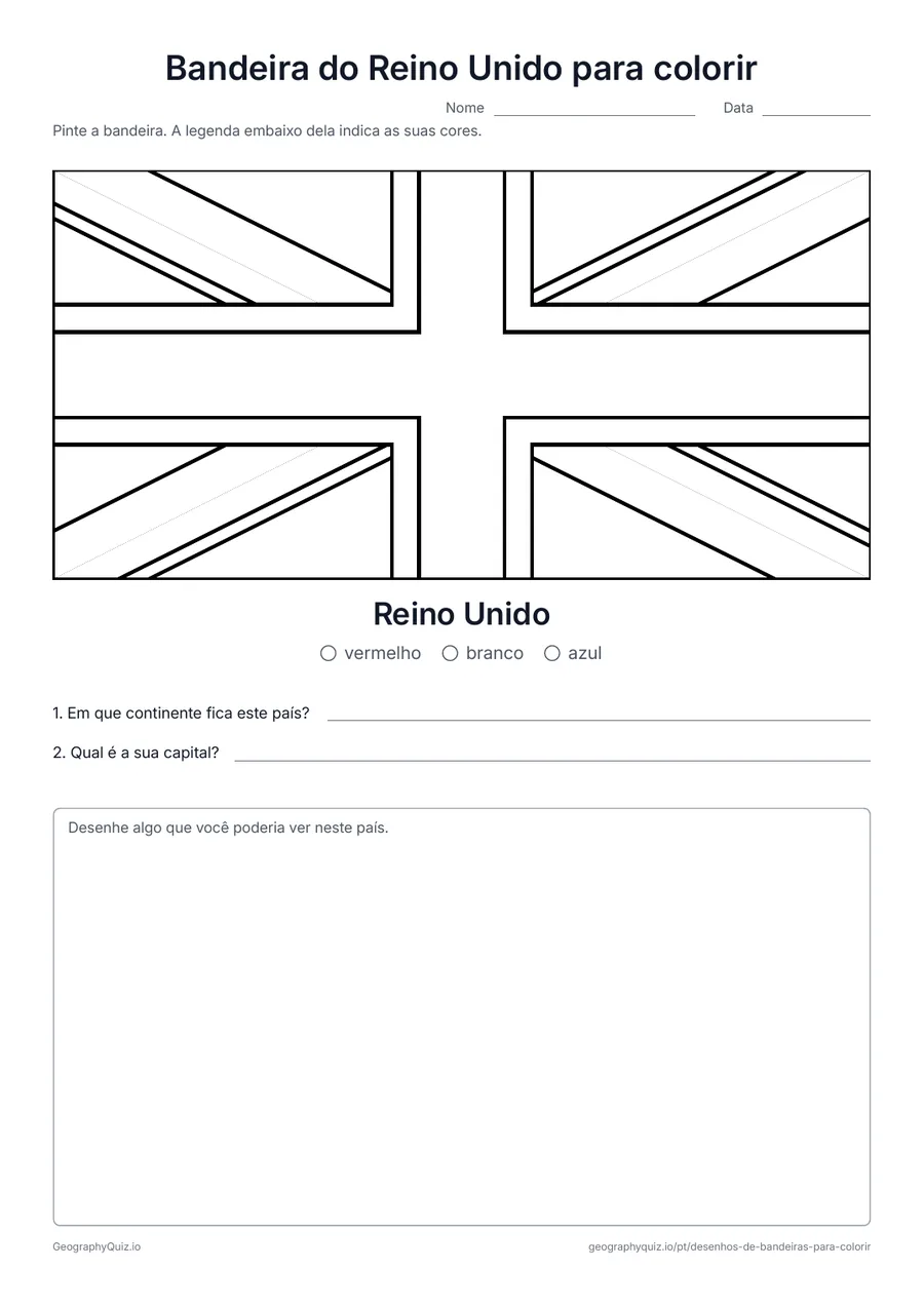 Prévia da atividade para imprimir: Bandeira do Reino Unido para colorir: A bandeira do Reino Unido desenhada em tamanho grande e nas proporções reais, com uma legenda de cores e duas perguntas