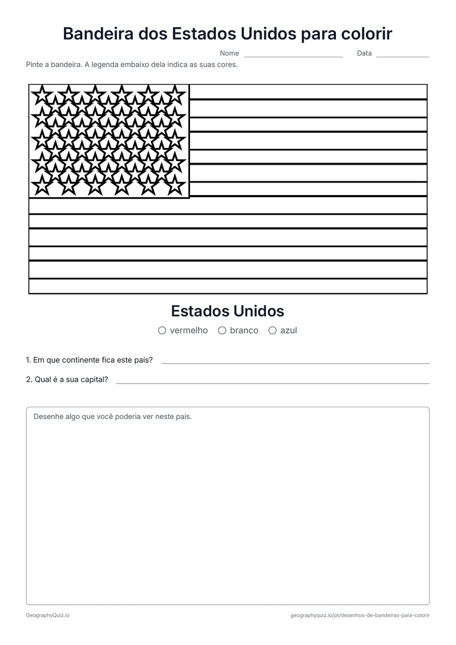 Prévia da atividade para imprimir: Bandeira dos Estados Unidos para colorir: A bandeira dos Estados Unidos desenhada em tamanho grande e nas proporções reais, com uma legenda de cores e duas perguntas