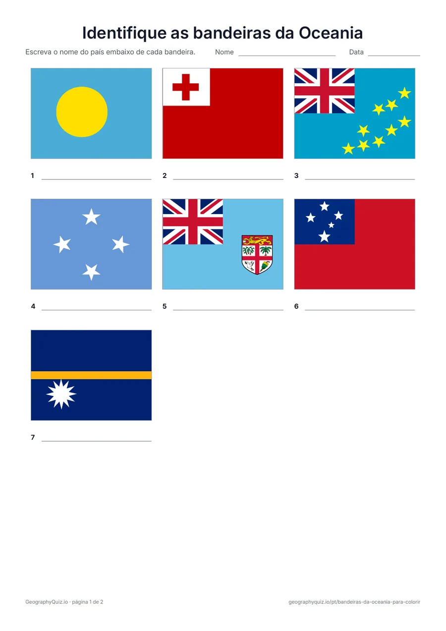 Prévia da atividade para imprimir: Identifique as bandeiras da Oceania