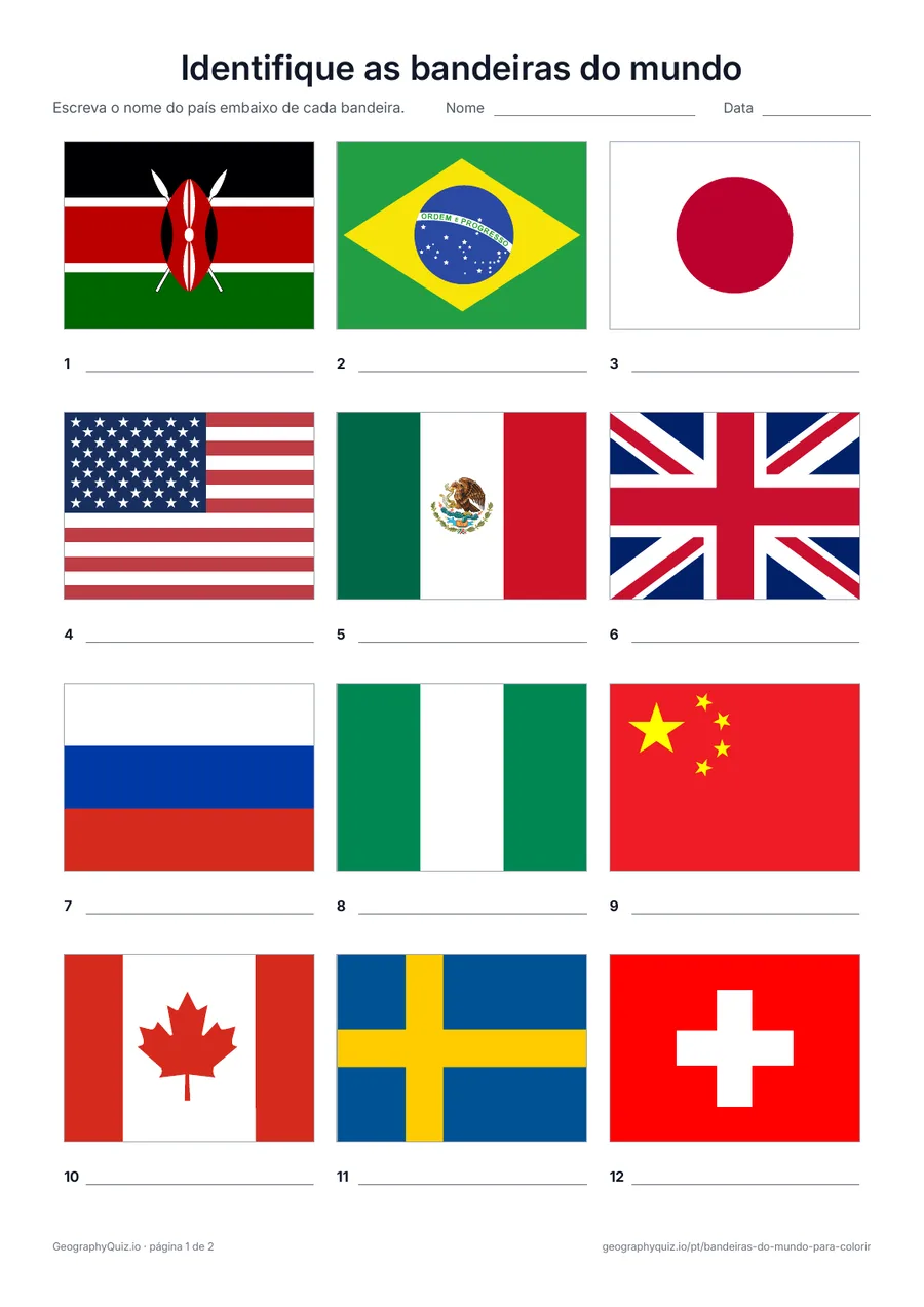 Prévia da atividade para imprimir: Identifique as bandeiras do mundo