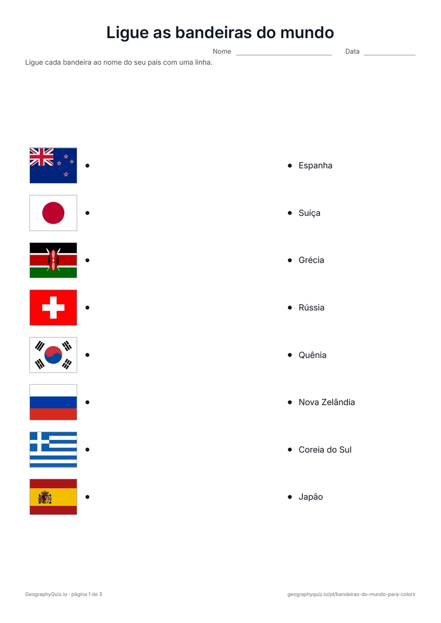 Prévia da atividade para imprimir: Ligue as bandeiras do mundo