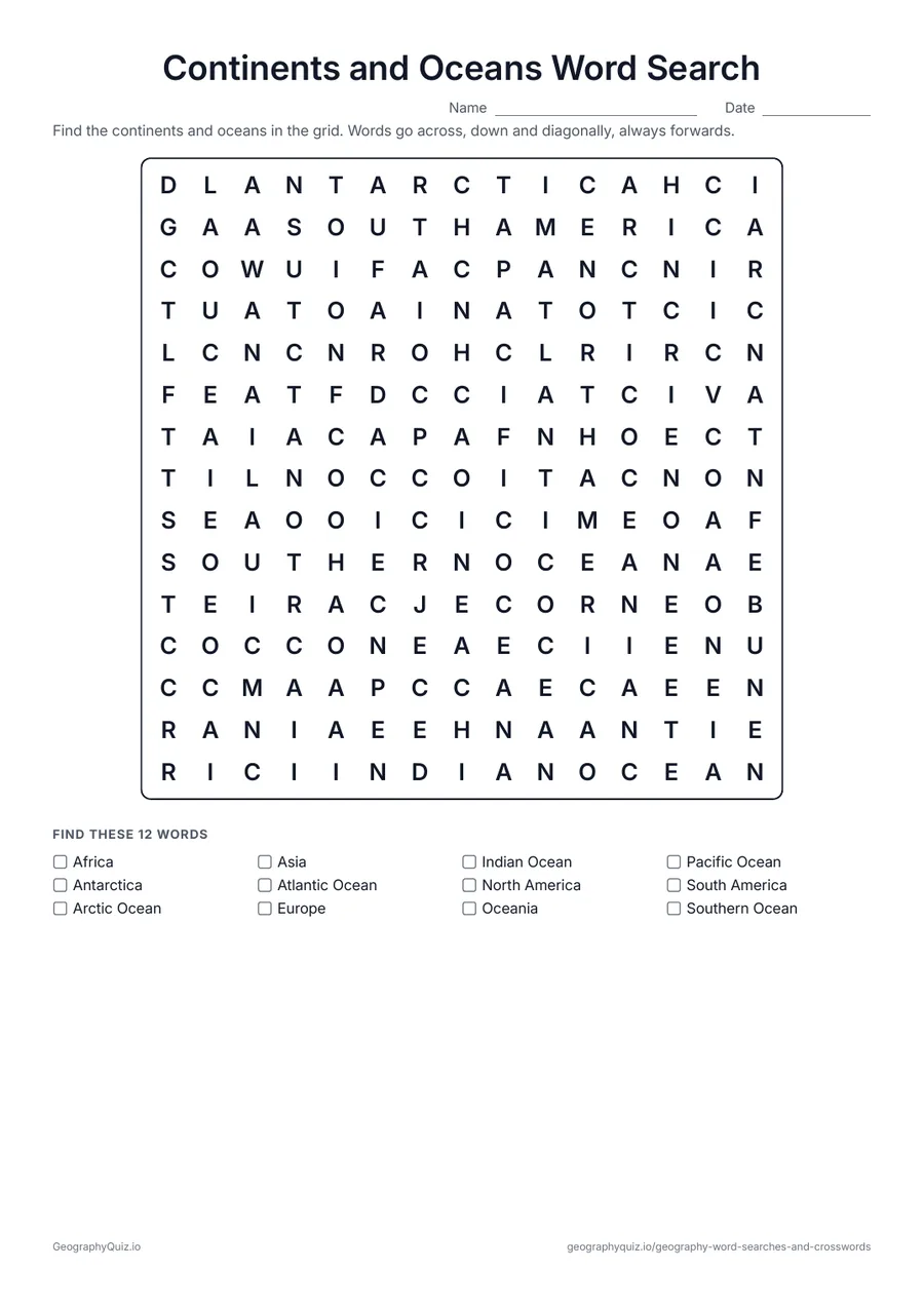 Preview of the printable Continents and Oceans Word Search worksheet