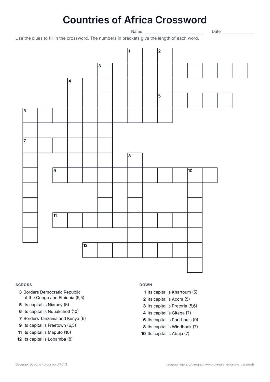 Preview of the printable Countries of Africa Crossword worksheet