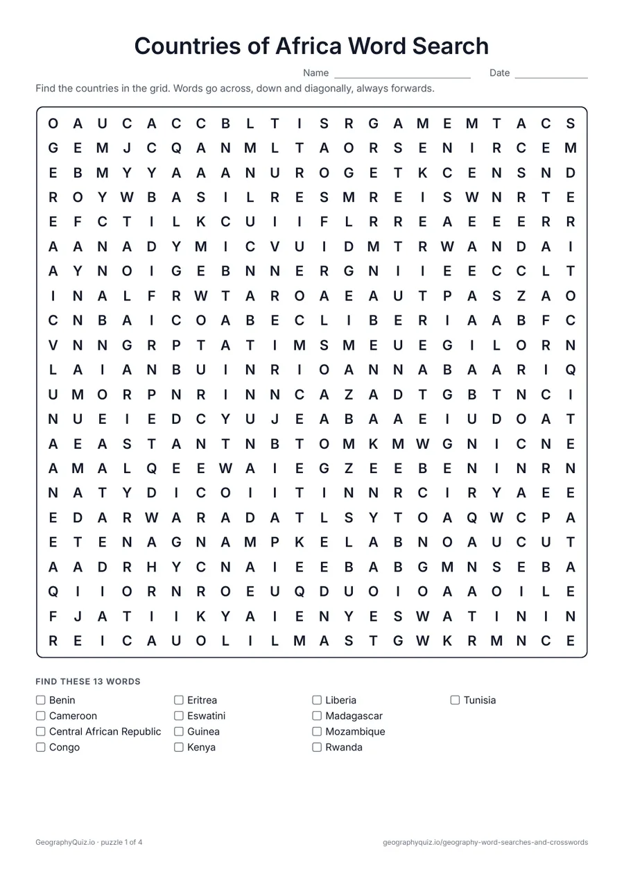 Preview of the printable Countries of Africa Word Search worksheet