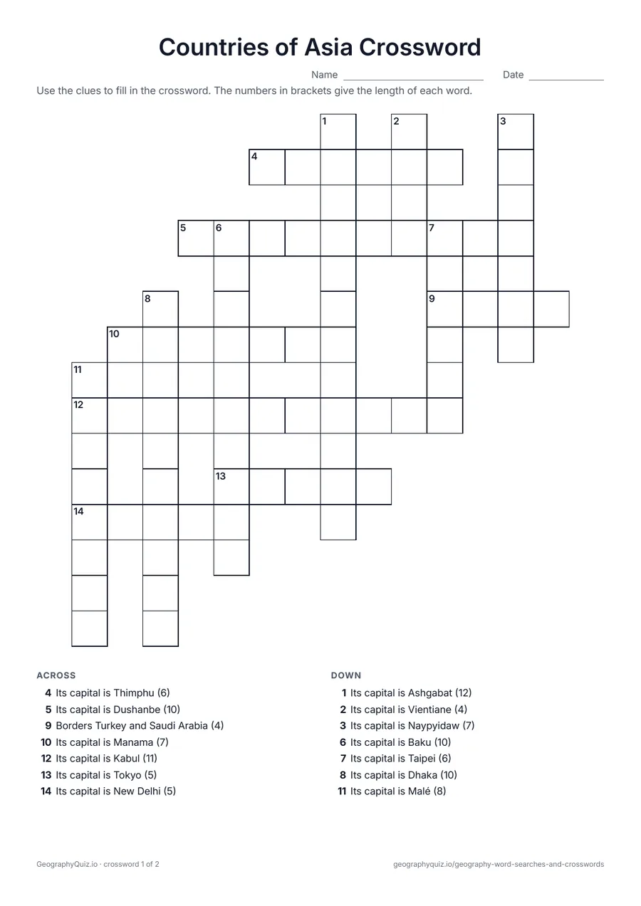 Preview of the printable Countries of Asia Crossword worksheet