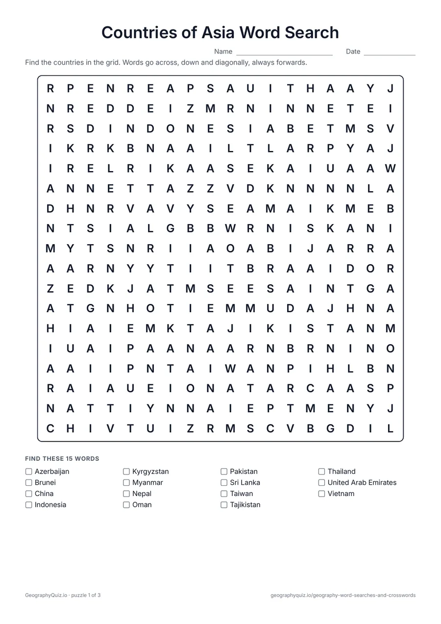 Preview of the printable Countries of Asia Word Search worksheet