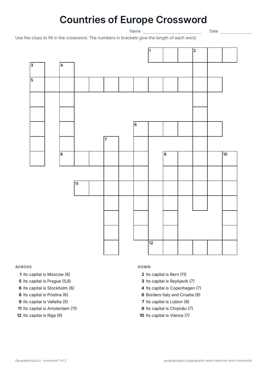Preview of the printable Countries of Europe Crossword worksheet