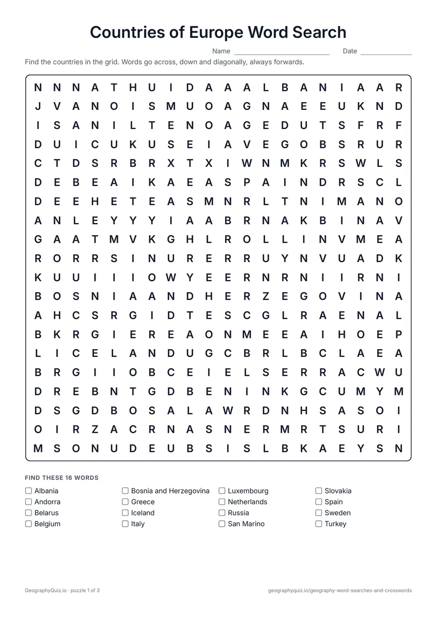 Preview of the printable Countries of Europe Word Search worksheet