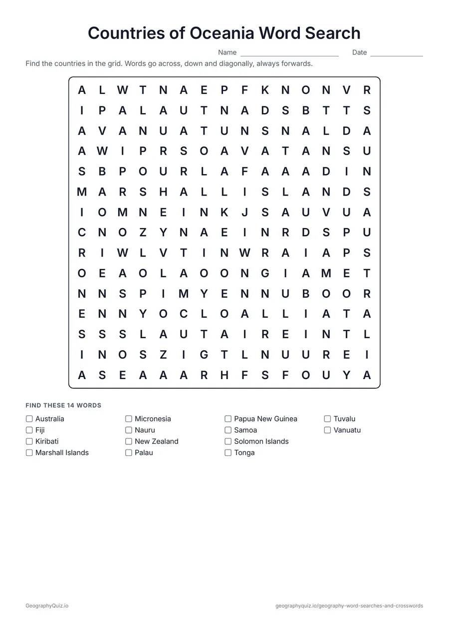 Preview of the printable Countries of Oceania Word Search worksheet