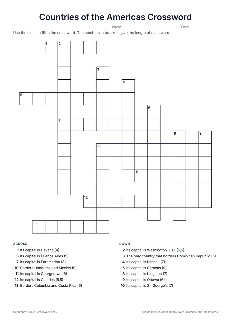 Preview of the printable Countries of the Americas Crossword worksheet