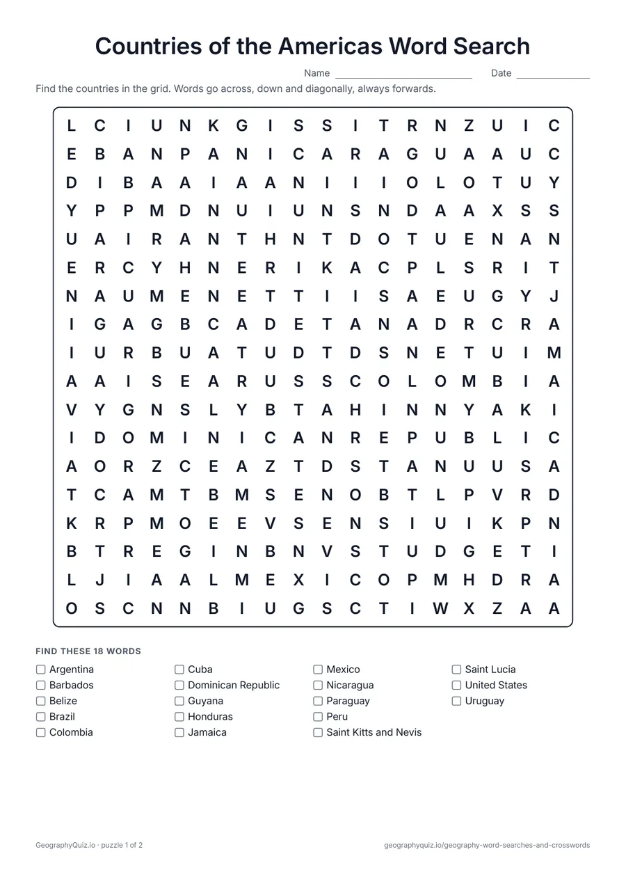 Preview of the printable Countries of the Americas Word Search worksheet