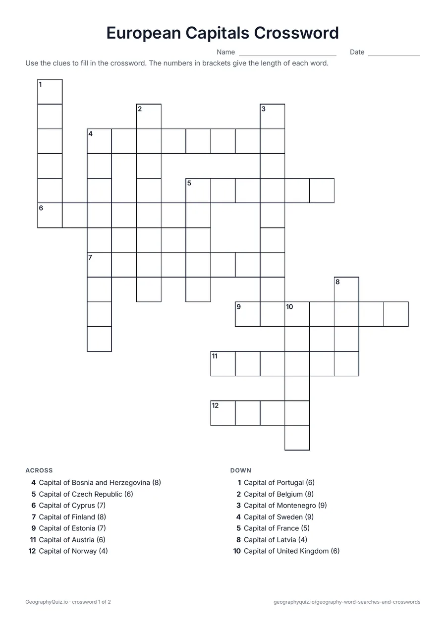 Preview of the printable European Capitals Crossword worksheet