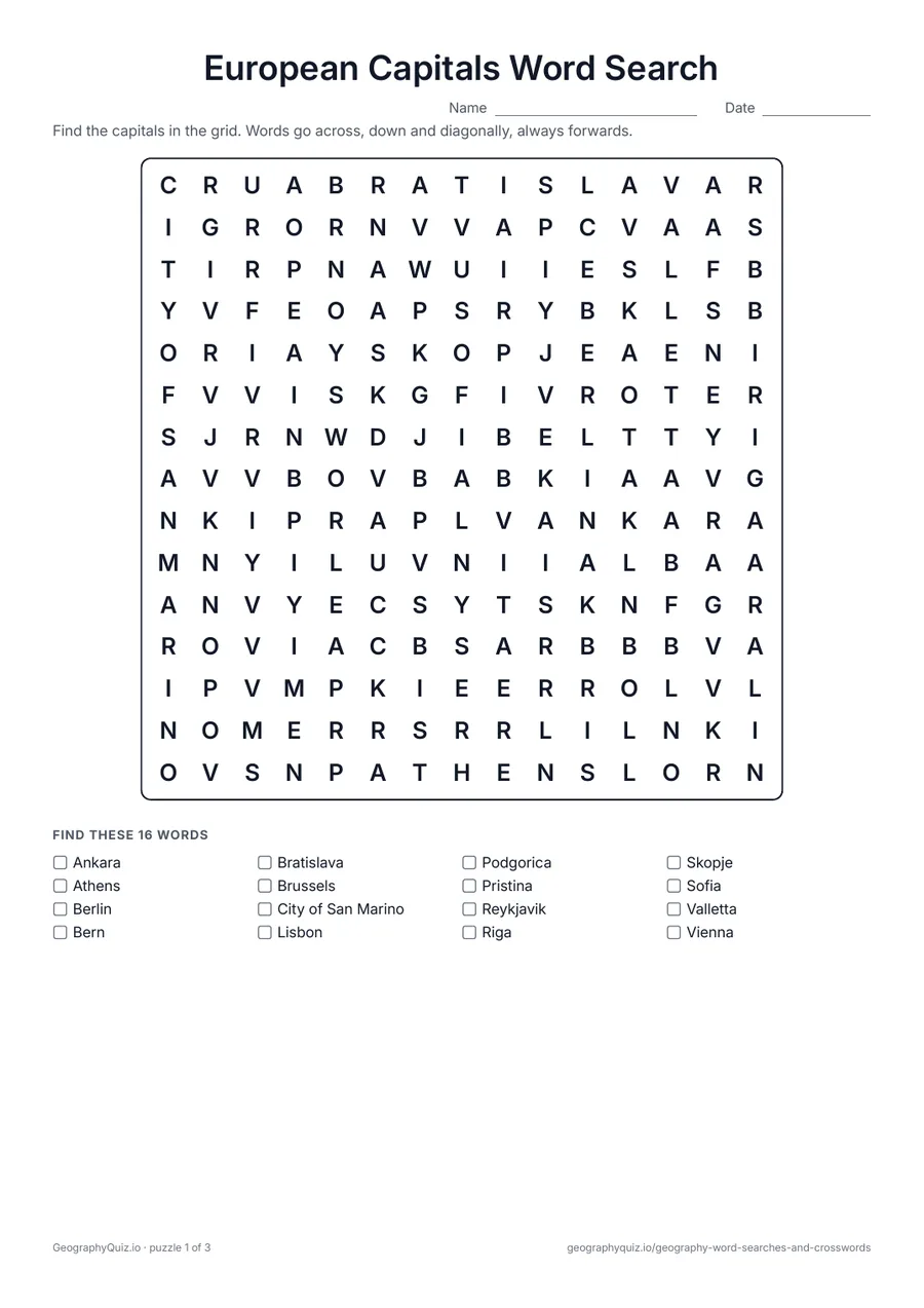 Preview of the printable European Capitals Word Search worksheet