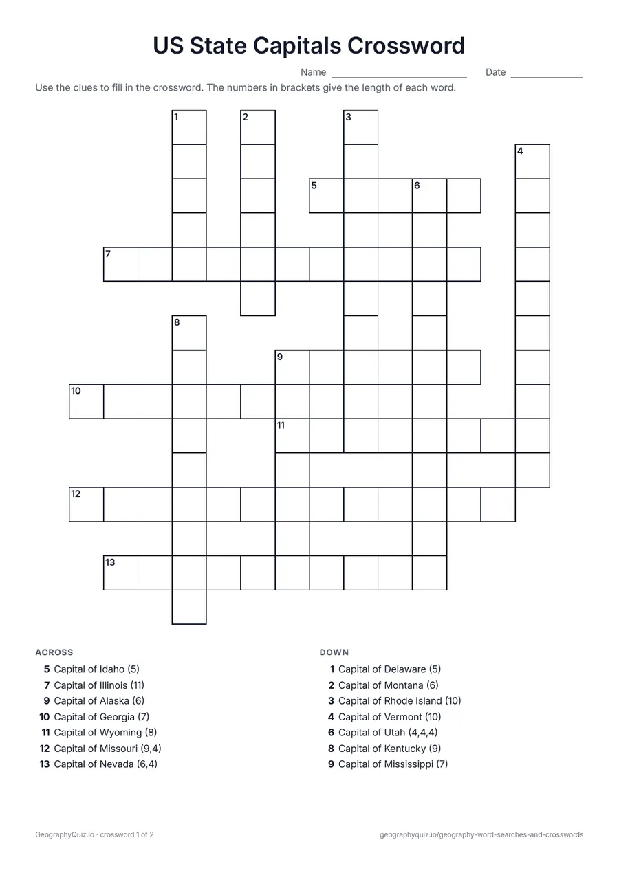 Preview of the printable US State Capitals Crossword worksheet