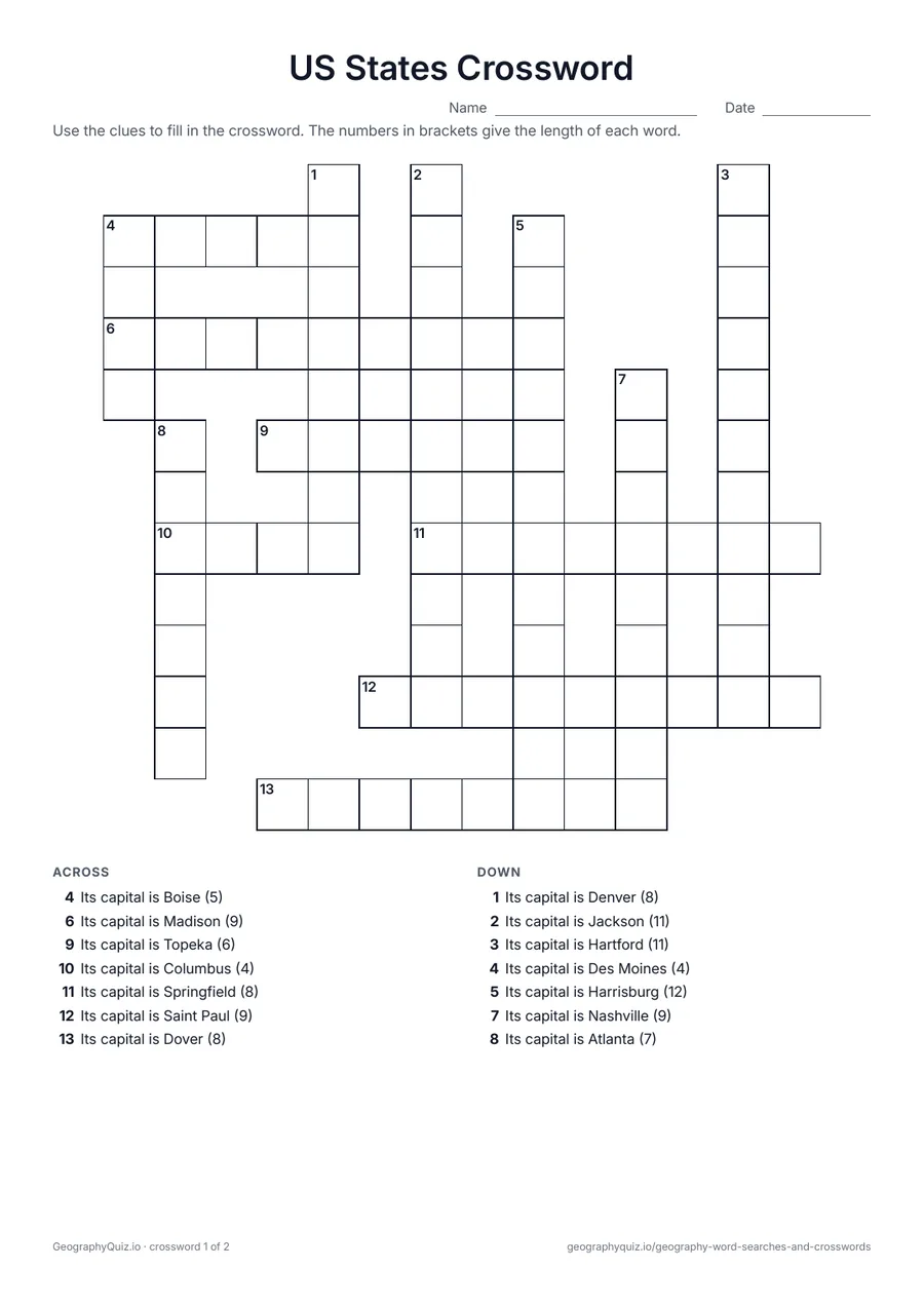 Preview of the printable US States Crossword worksheet