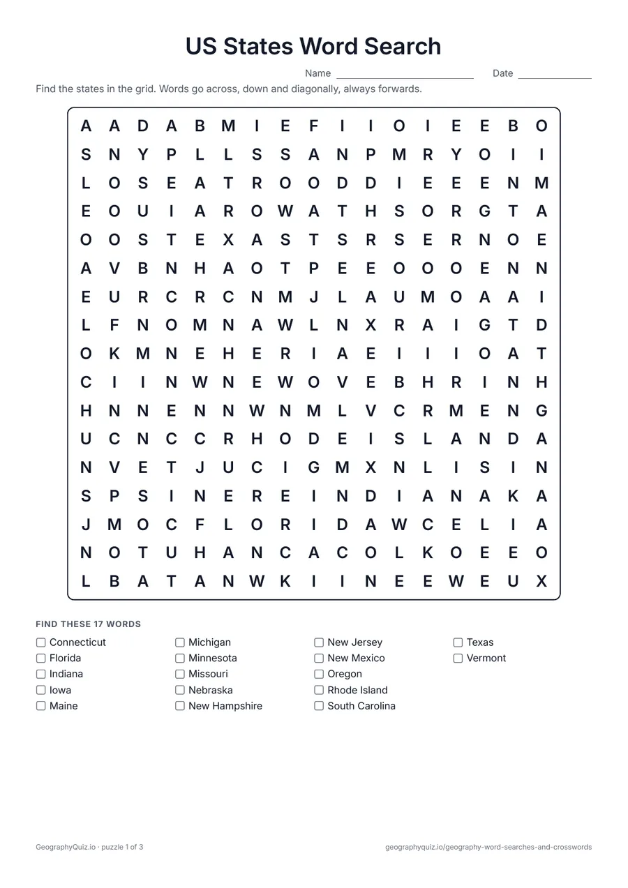 Preview of the printable US States Word Search worksheet