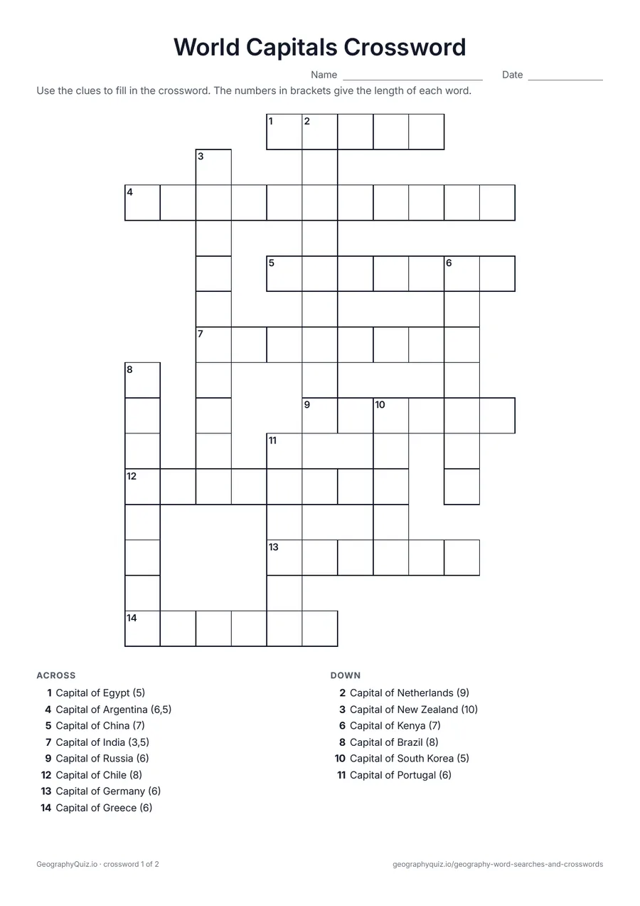 Preview of the printable World Capitals Crossword worksheet