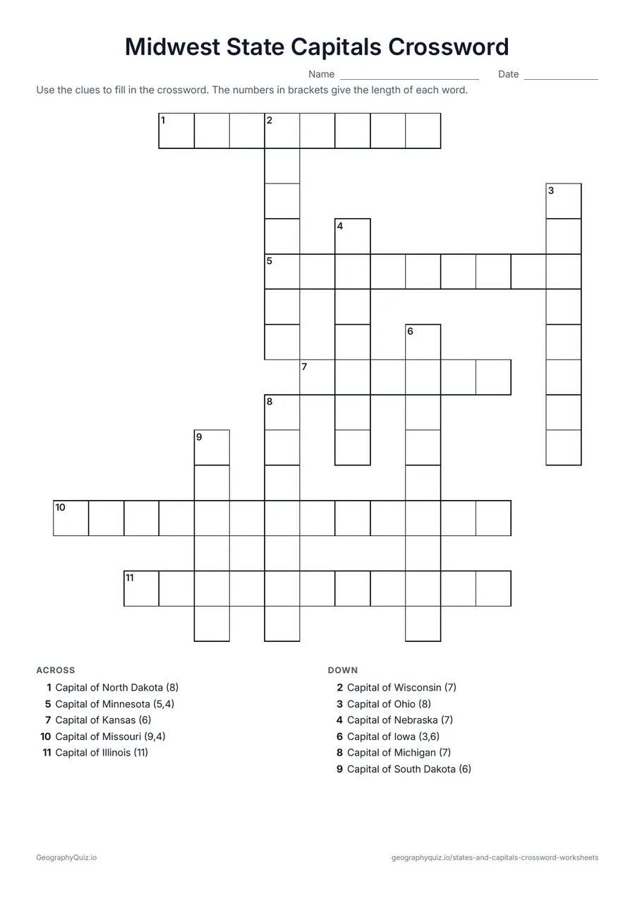 Preview of the printable Midwest State Capitals Crossword worksheet: The Midwest states are the clues; students write in each capital city