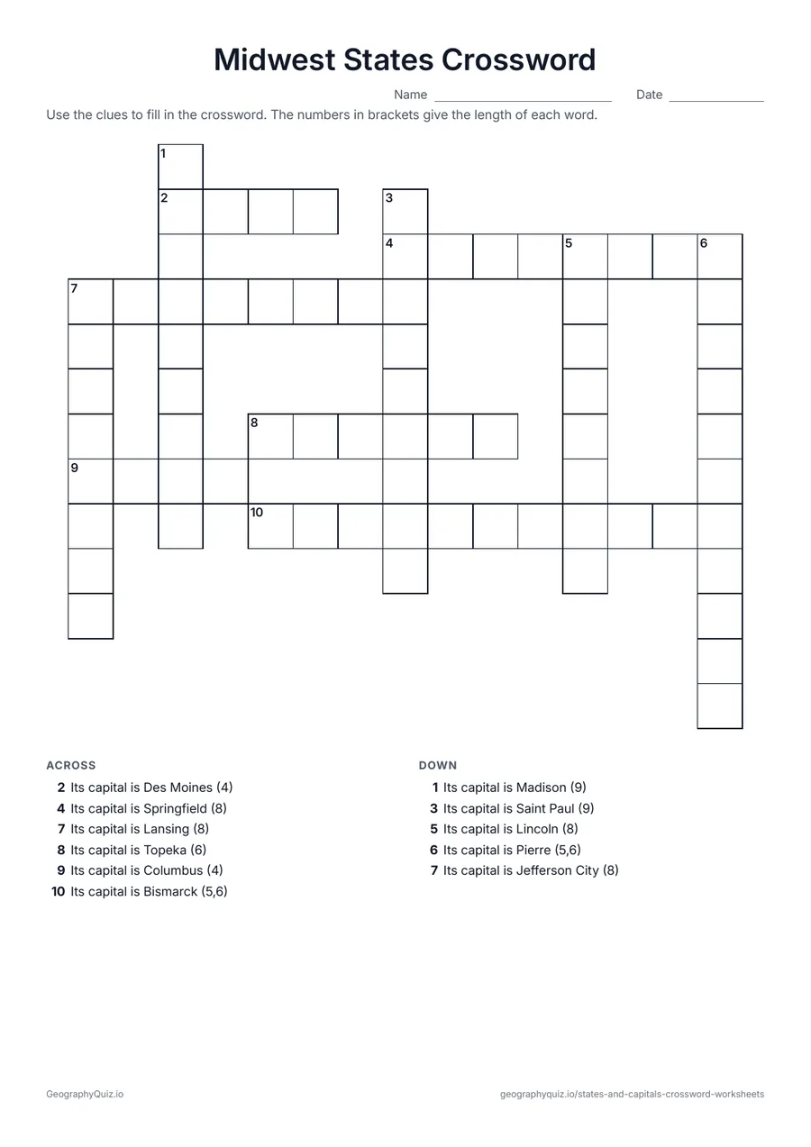 Preview of the printable Midwest States Crossword worksheet: The Midwest capitals are the clues; students write in the state each one belongs to