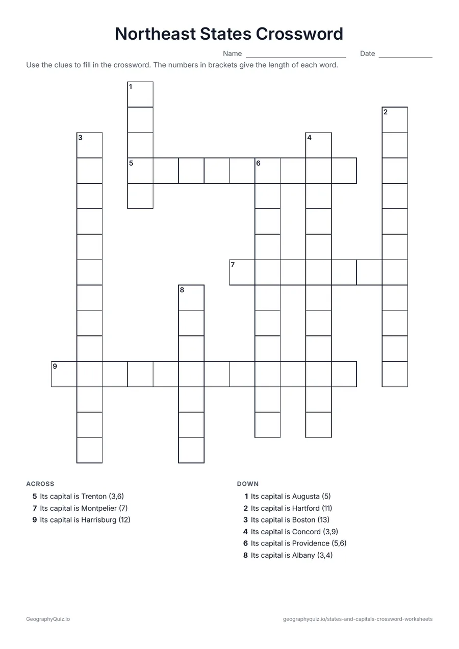 Preview of the printable Northeast States Crossword worksheet: The Northeast capitals are the clues; students write in the state each one belongs to