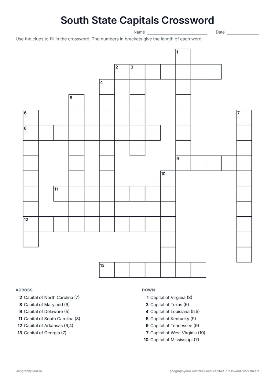 Preview of the printable South State Capitals Crossword worksheet: The South states are the clues; students write in each capital city