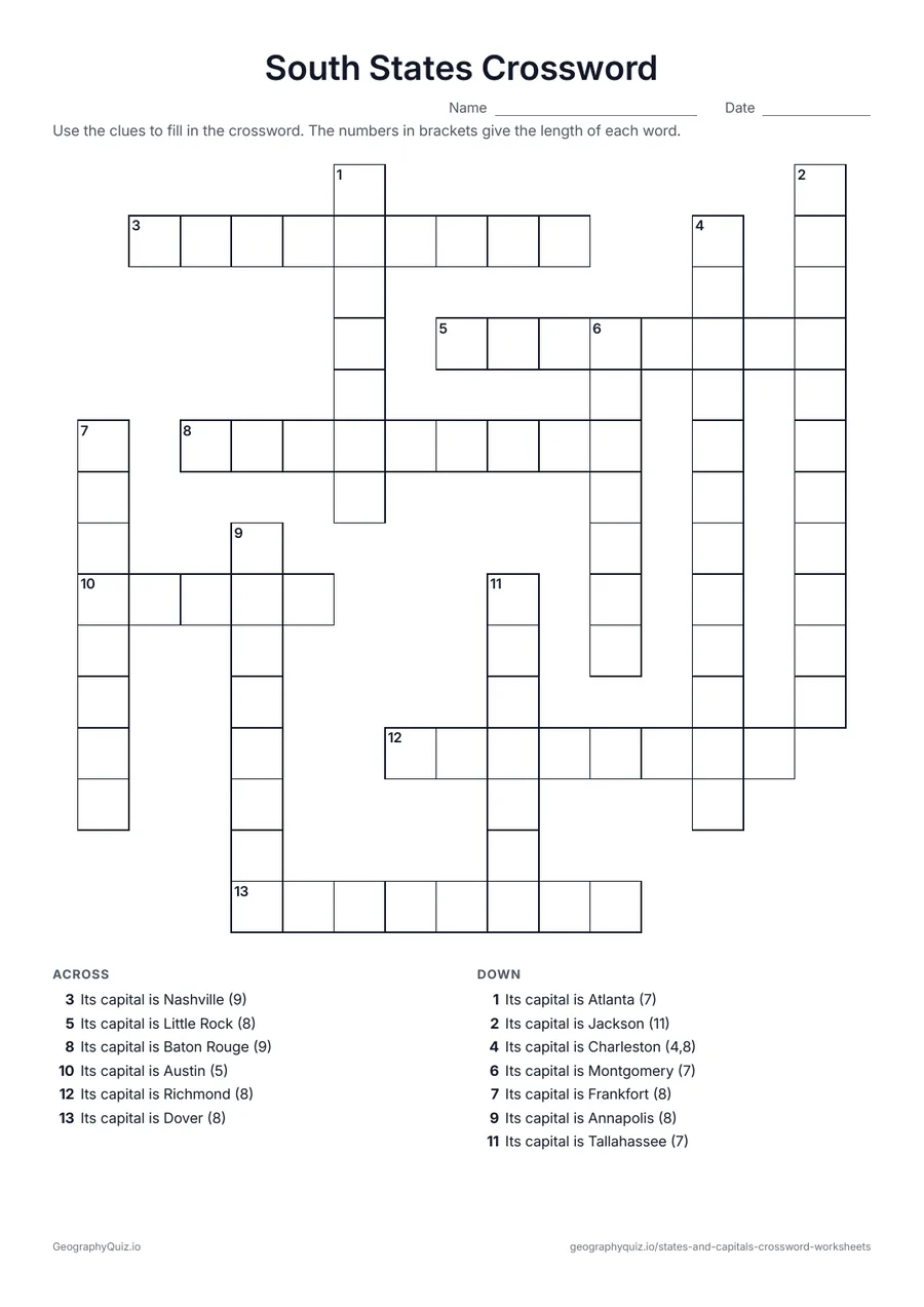 Preview of the printable South States Crossword worksheet: The South capitals are the clues; students write in the state each one belongs to