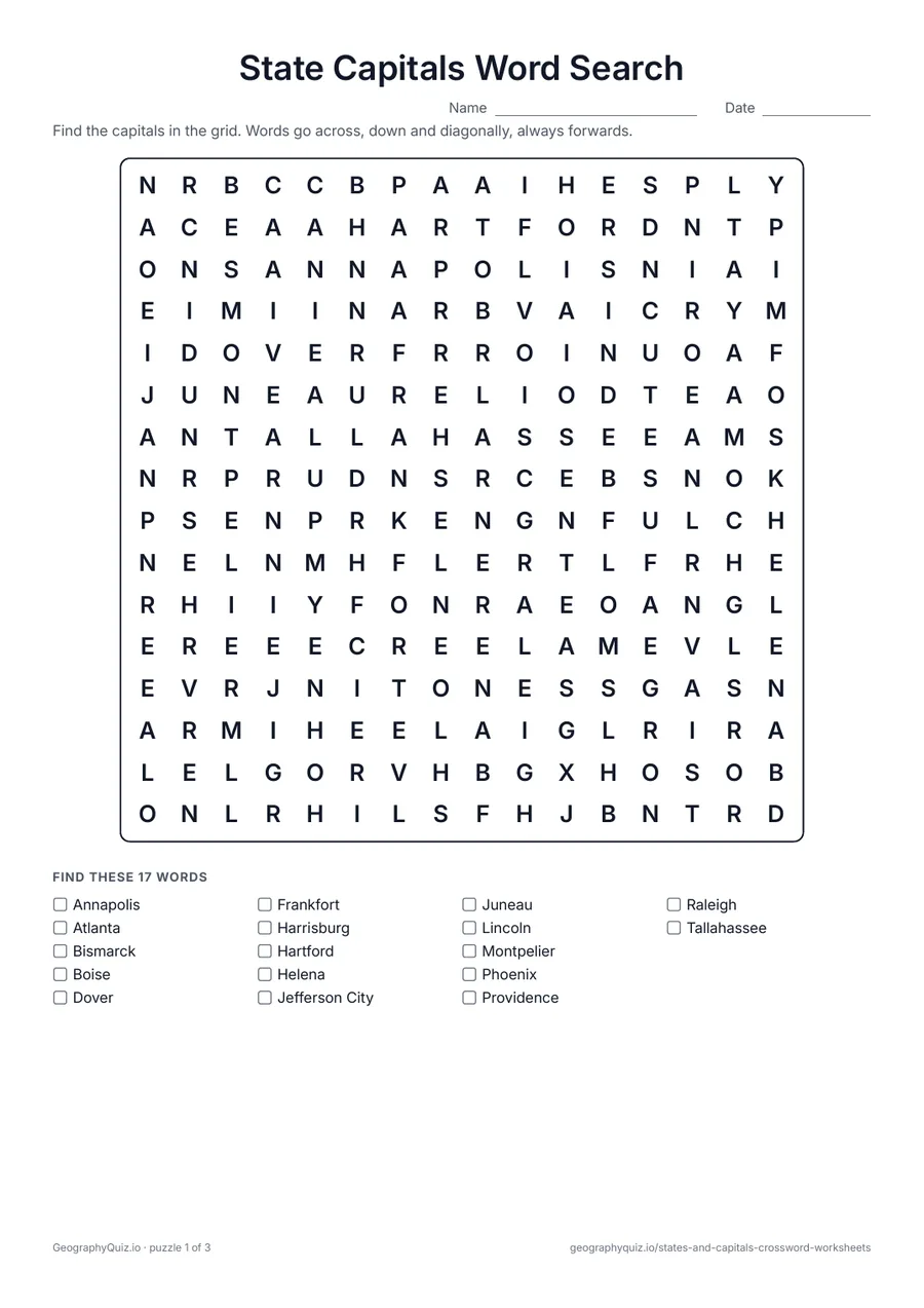 Preview of the printable State Capitals Word Search worksheet: All 50 state capitals hidden across three word search puzzles