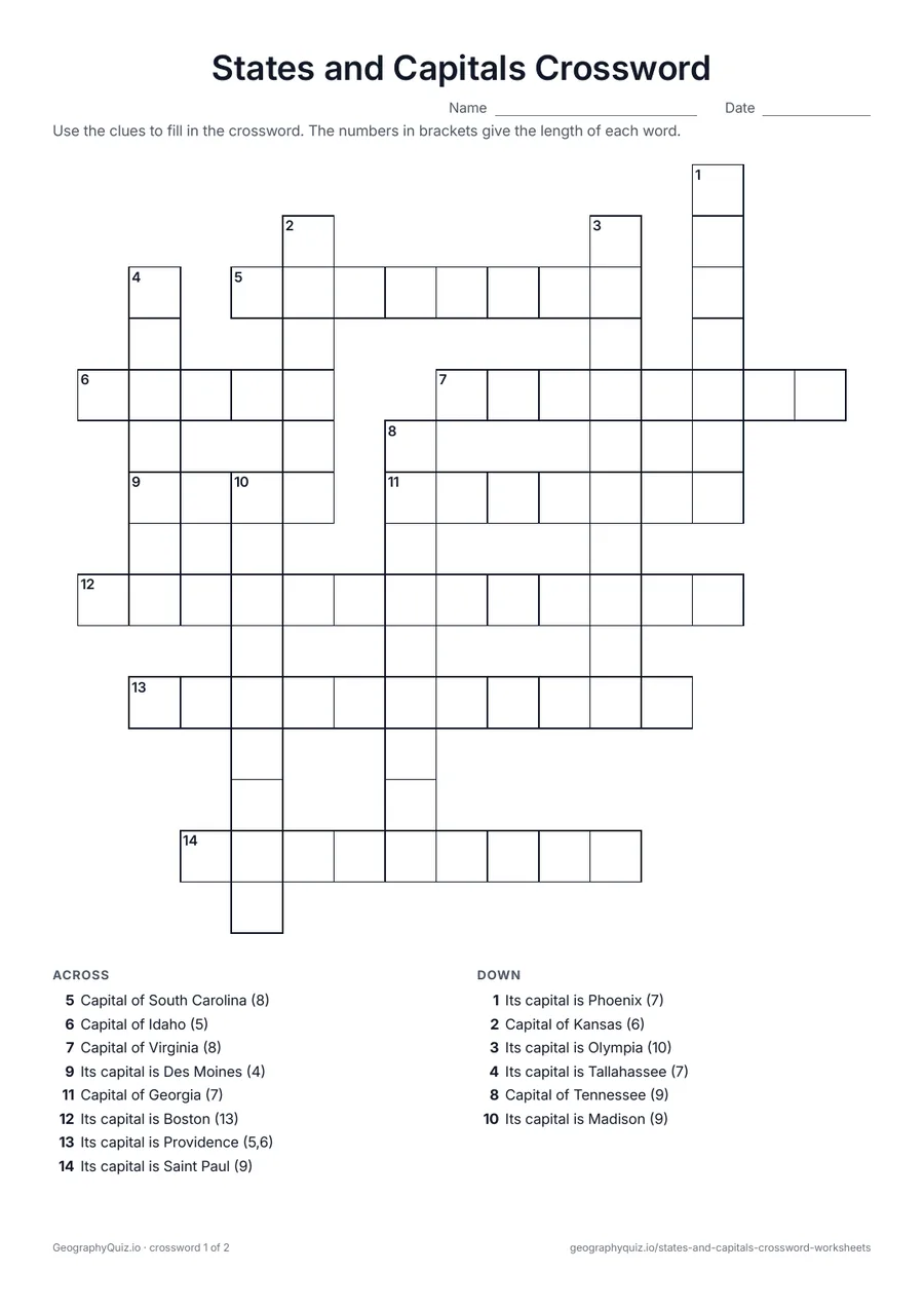 Preview of the printable States and Capitals Crossword worksheet: Two crosswords mixing both directions: some clues name a state and ask for its capital, others name a capital and ask for its state