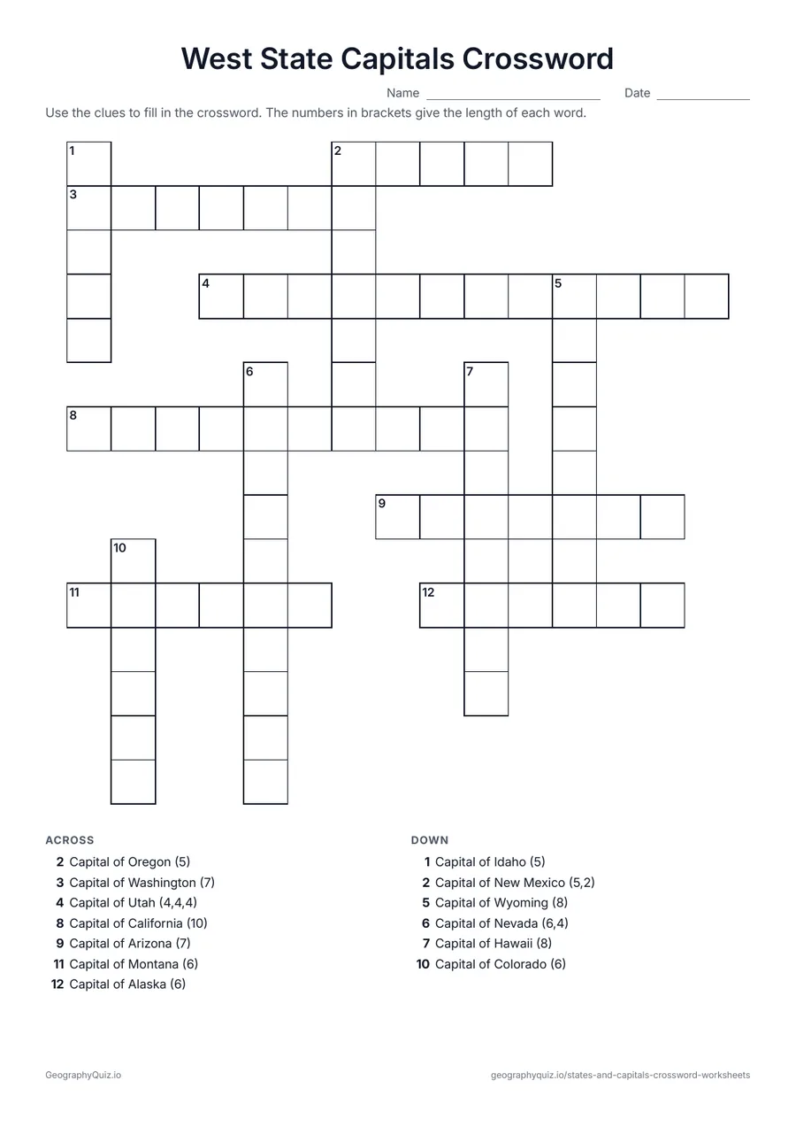 Preview of the printable West State Capitals Crossword worksheet: The West states are the clues; students write in each capital city
