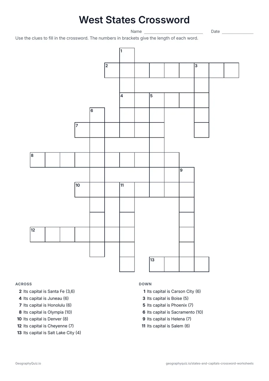 Preview of the printable West States Crossword worksheet: The West capitals are the clues; students write in the state each one belongs to