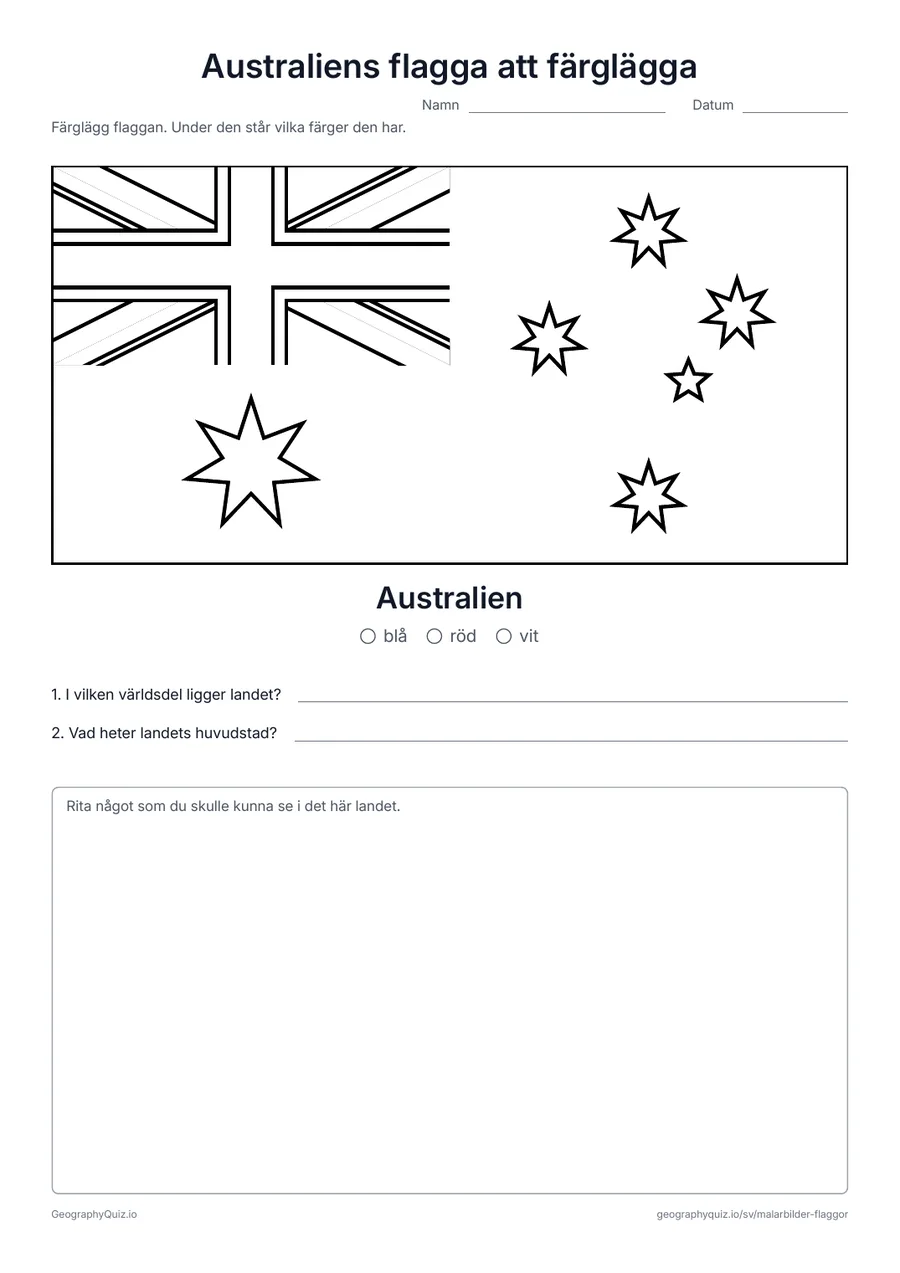 Förhandsvisning av arbetsbladet ”Australiens flagga att färglägga” att skriva ut: Australiens flagga i stort format och i sina riktiga proportioner, med färgförklaring och två frågor