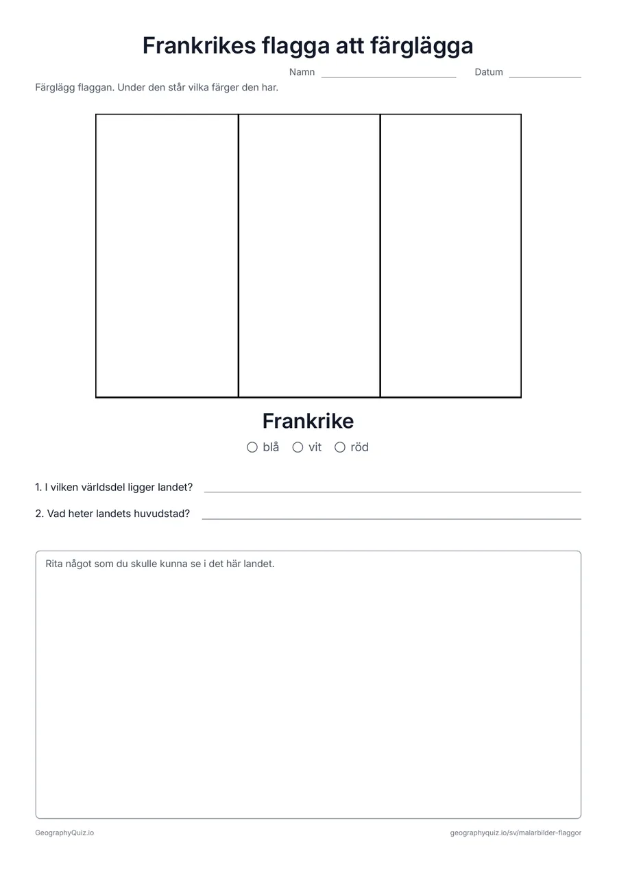 Förhandsvisning av arbetsbladet ”Frankrikes flagga att färglägga” att skriva ut: Frankrikes flagga i stort format och i sina riktiga proportioner, med färgförklaring och två frågor