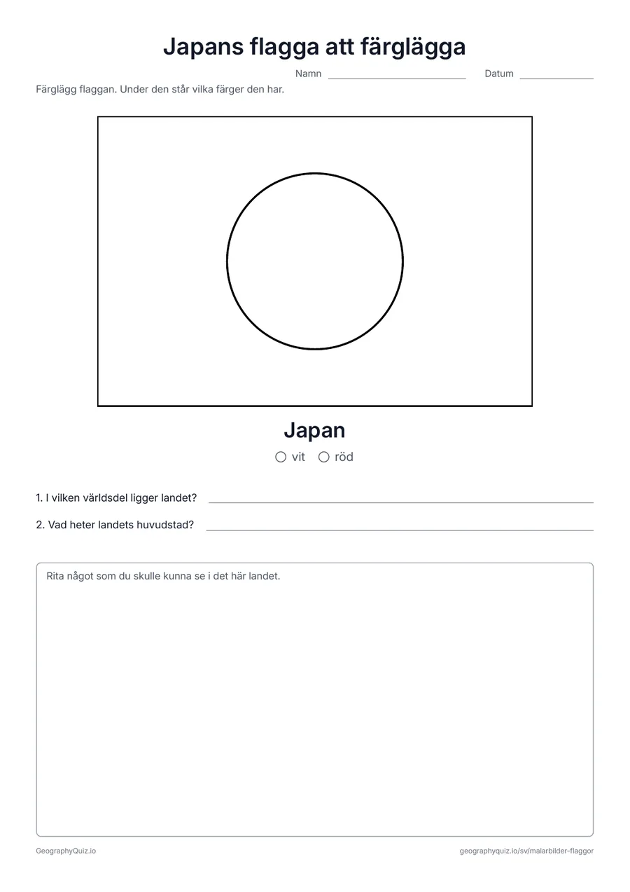 Förhandsvisning av arbetsbladet ”Japans flagga att färglägga” att skriva ut: Japans flagga i stort format och i sina riktiga proportioner, med färgförklaring och två frågor