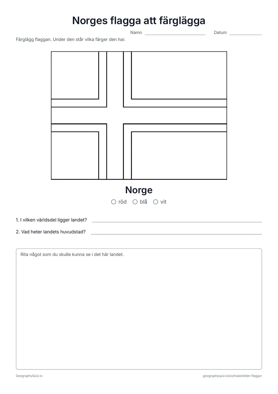 Förhandsvisning av arbetsbladet ”Norges flagga att färglägga” att skriva ut: Norges röda flagga med sitt blåvita kors, med färgförklaring och två frågor