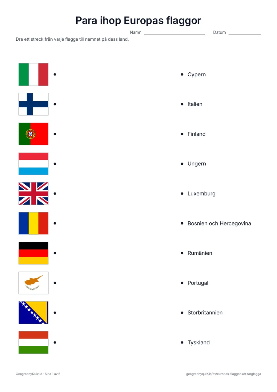 Förhandsvisning av arbetsbladet ”Para ihop Europas flaggor” att skriva ut: Flaggor på ena sidan och ländernas namn i blandad ordning på den andra