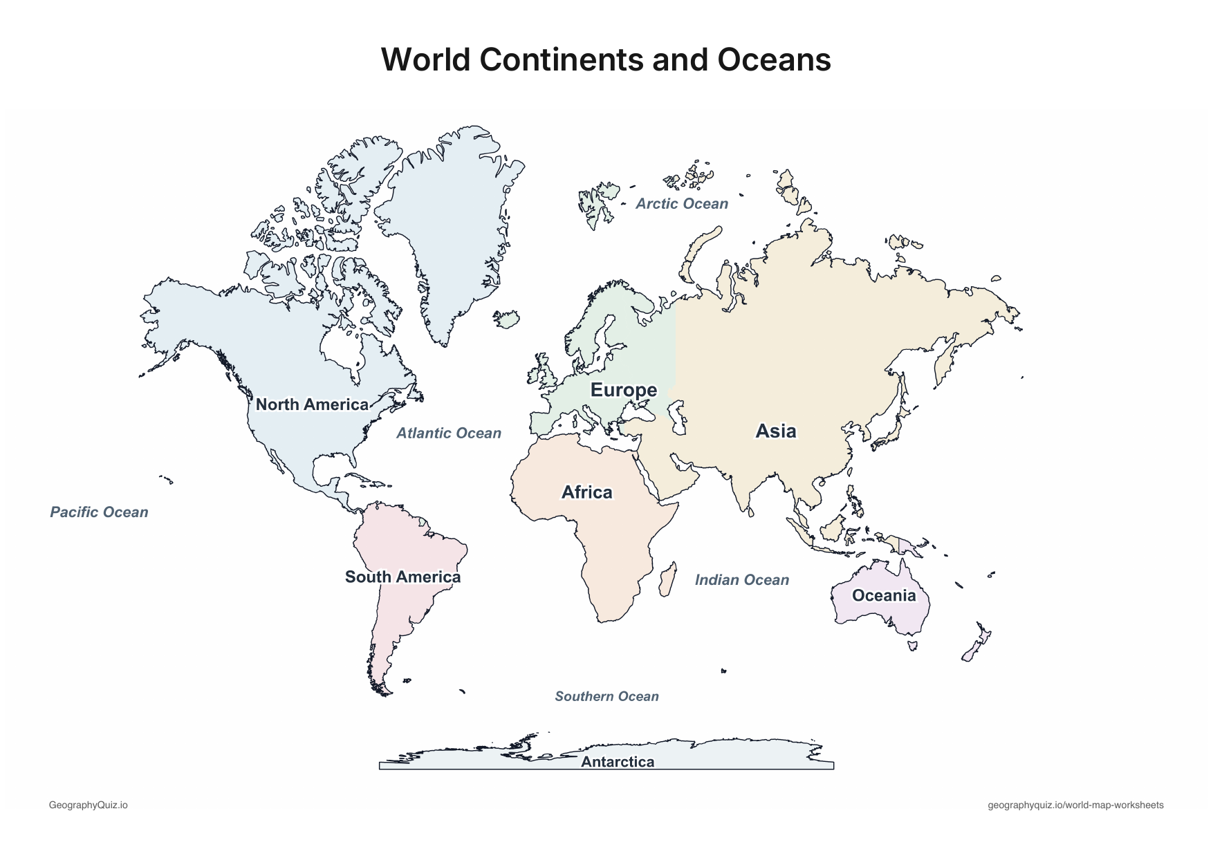 Pastel world map labelled with all seven continents and five oceans