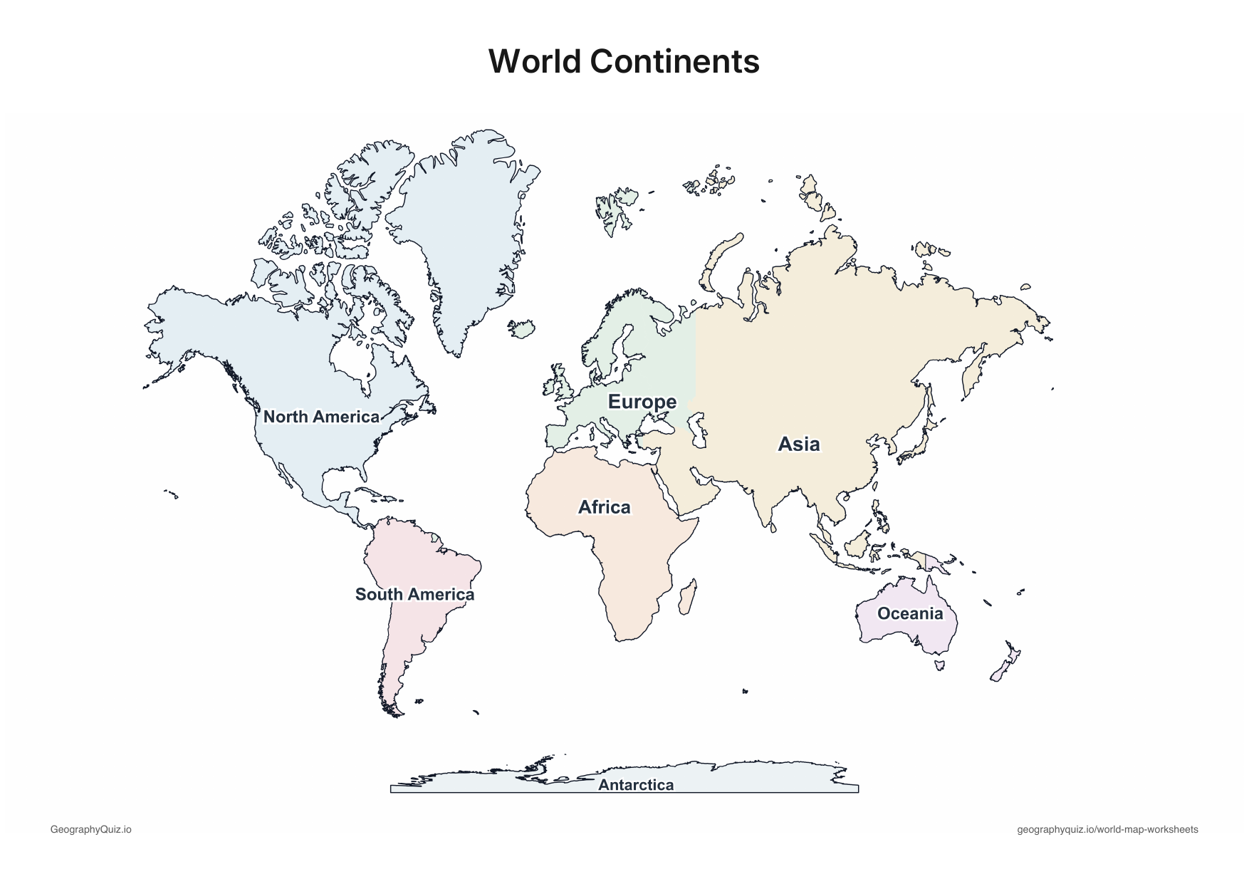 Pastel world map labelled with the names of all seven continents