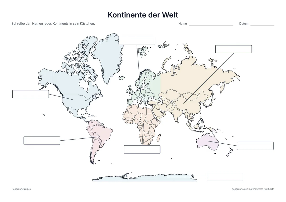 Weltkarte in Pastellfarben mit Ländergrenzen und leeren Kästchen für die Kontinente