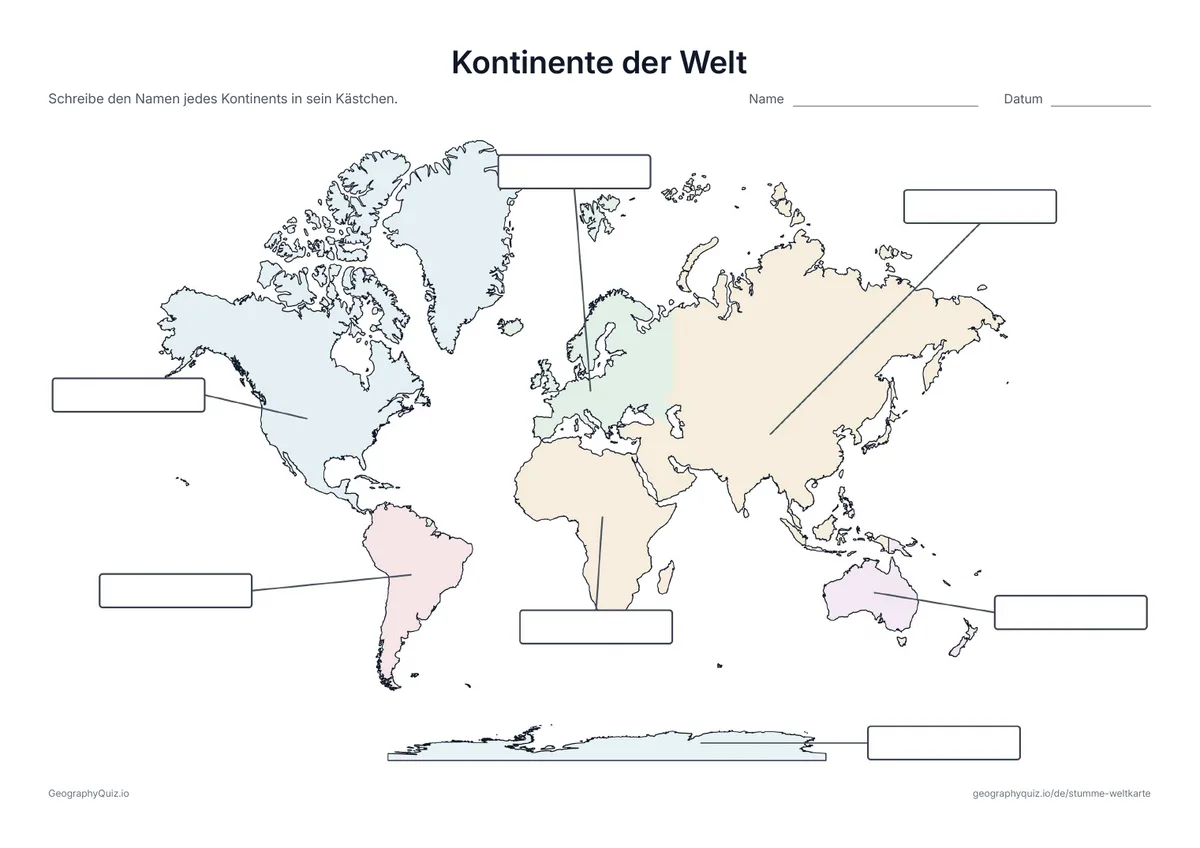 Weltkarte mit leeren Antwortkästchen und Linien zu den Kontinenten