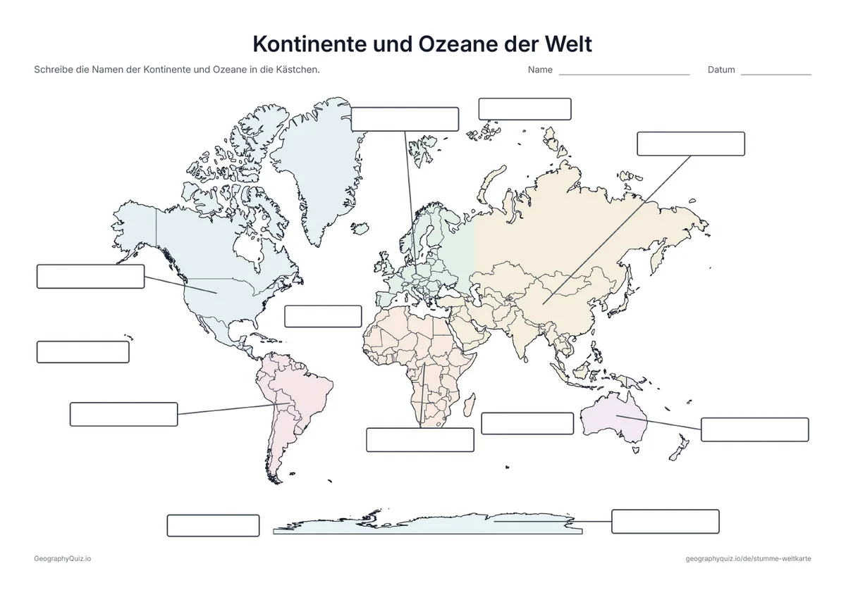 Weltkarte in Pastellfarben mit Ländergrenzen und leeren Kästchen für Kontinente und Ozeane