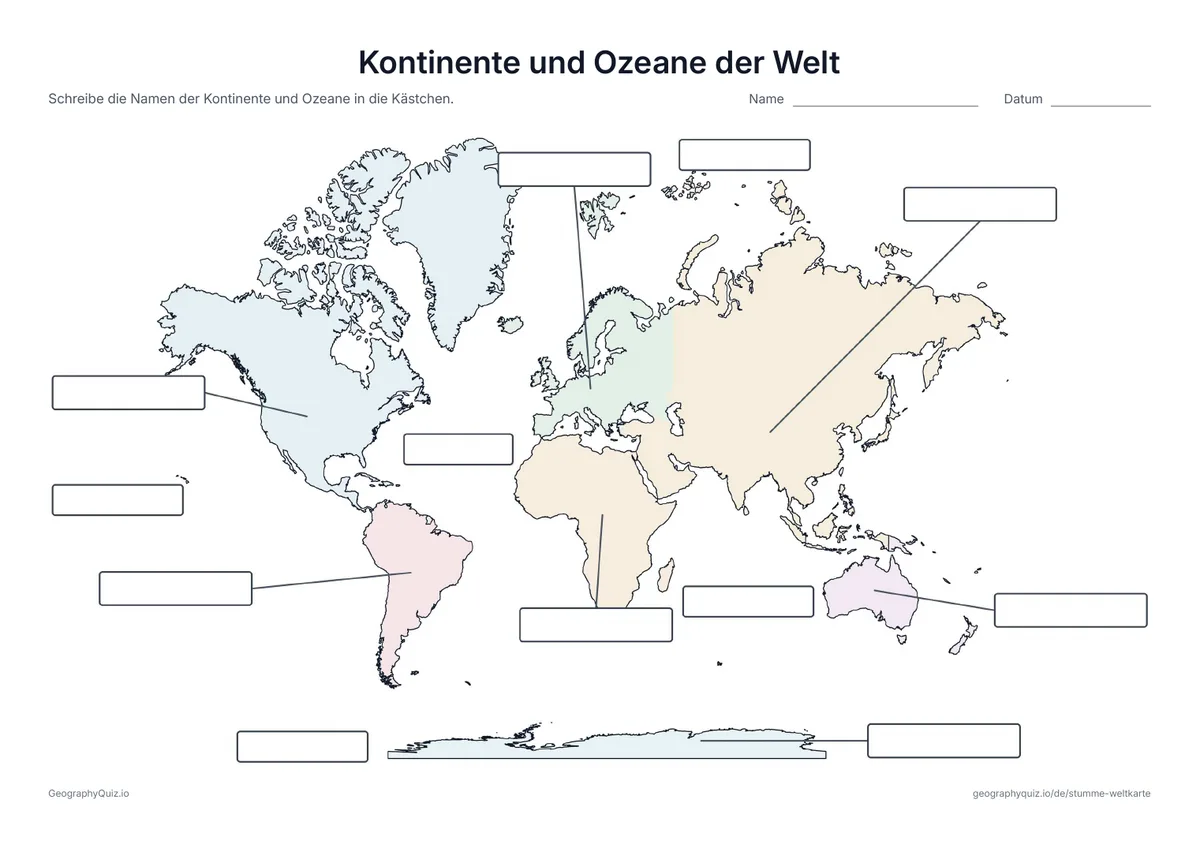 Weltkarte mit leeren Antwortkästchen für Kontinente und Ozeane