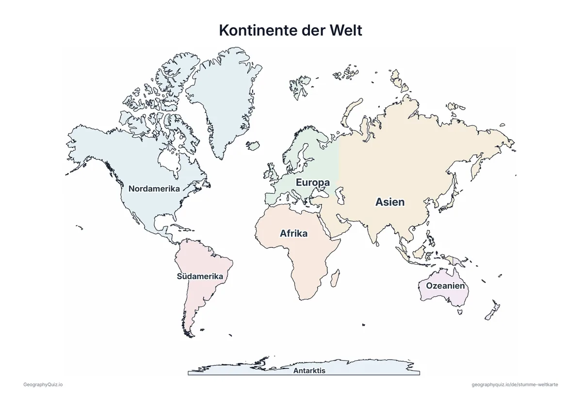 Weltkarte in Pastellfarben, beschriftet mit den Namen aller sieben Kontinente